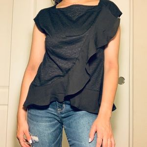 black blouse with cross body ruffle detailing